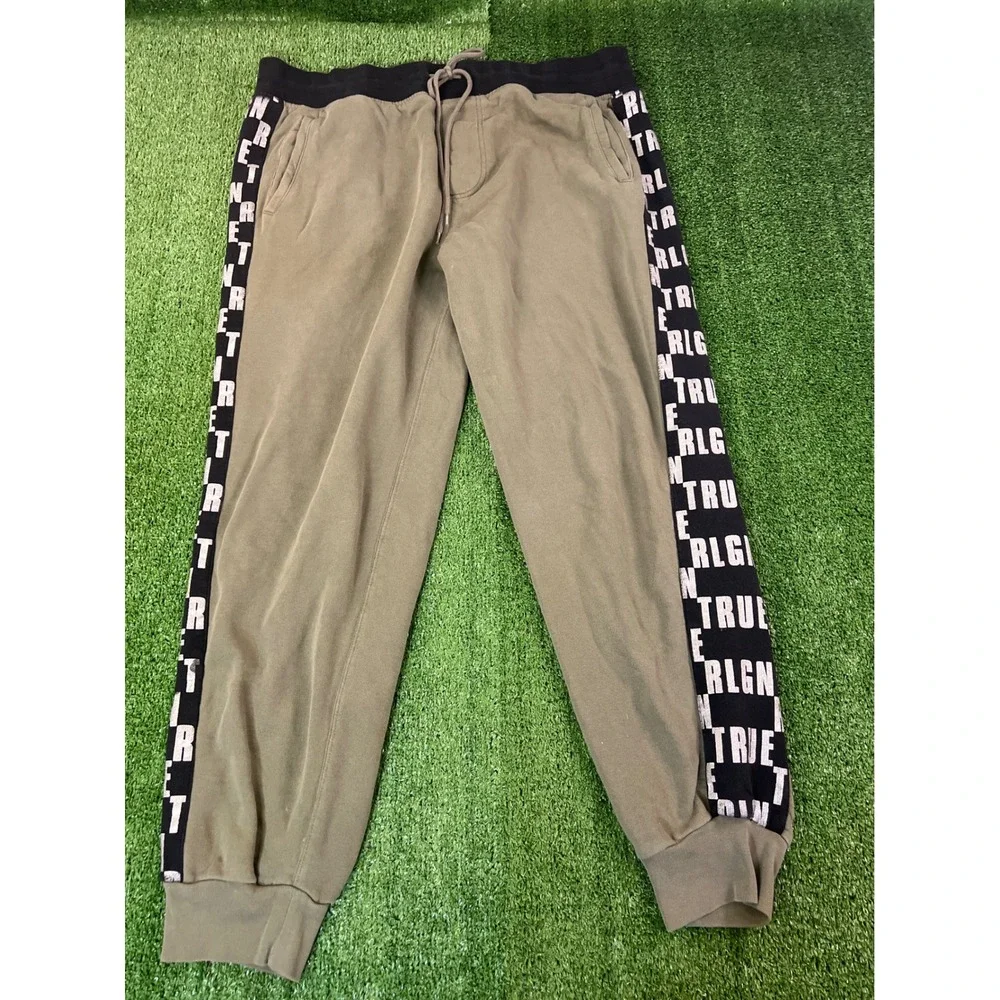 True Religion Mens 2XL Khaki Green Logo Side Stripe Jogger Sweatpants Black Tape